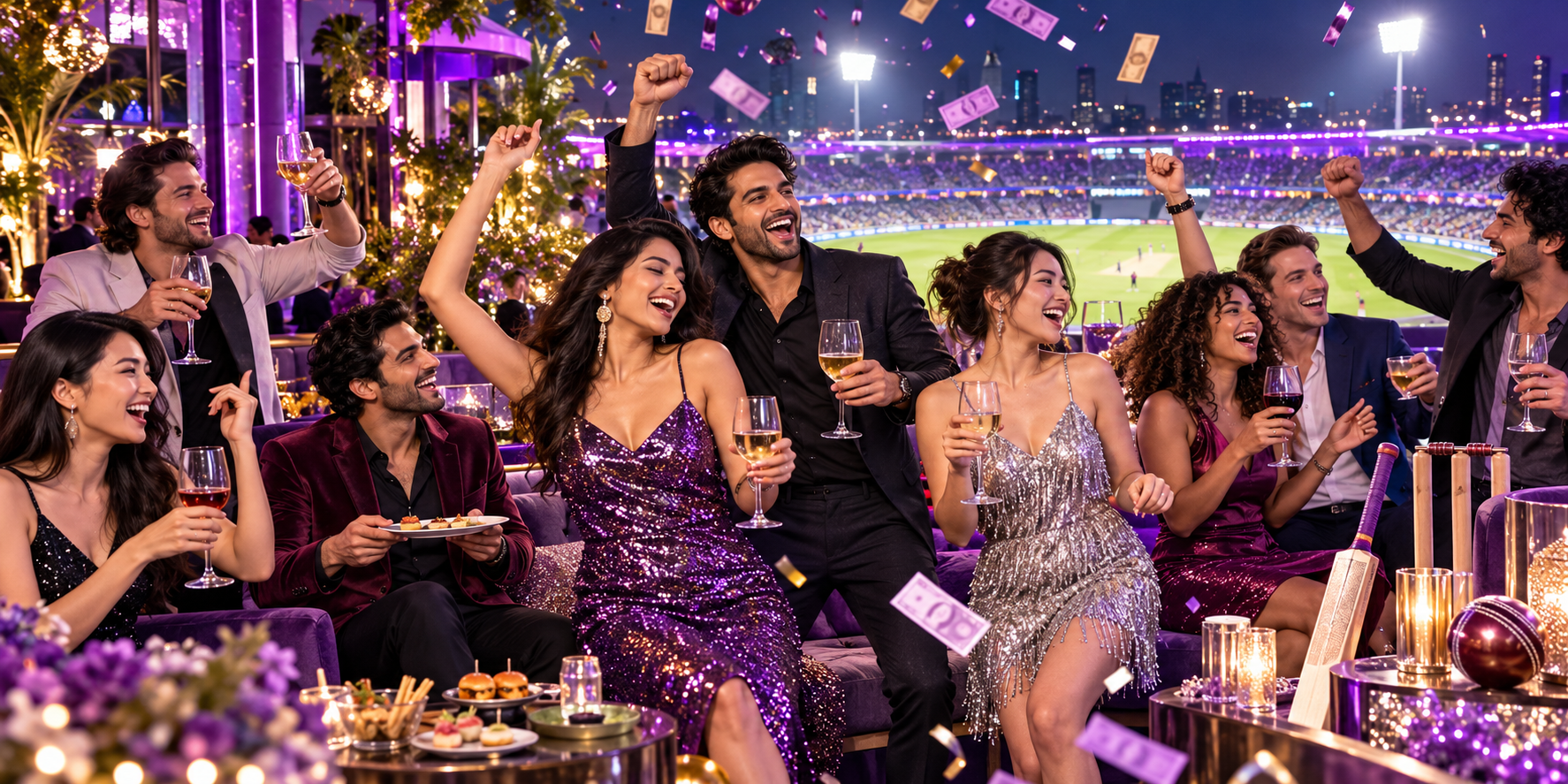 Adults celebrating a cricket match with drinks, party food and floating paper
