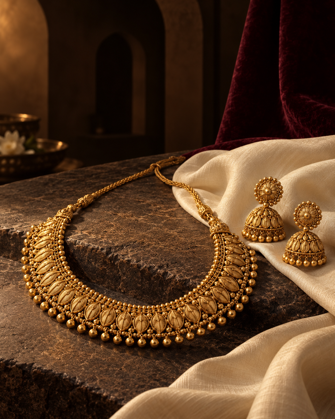 Handcrafted gold necklace and earrings arranged on ivory silk and dark stone